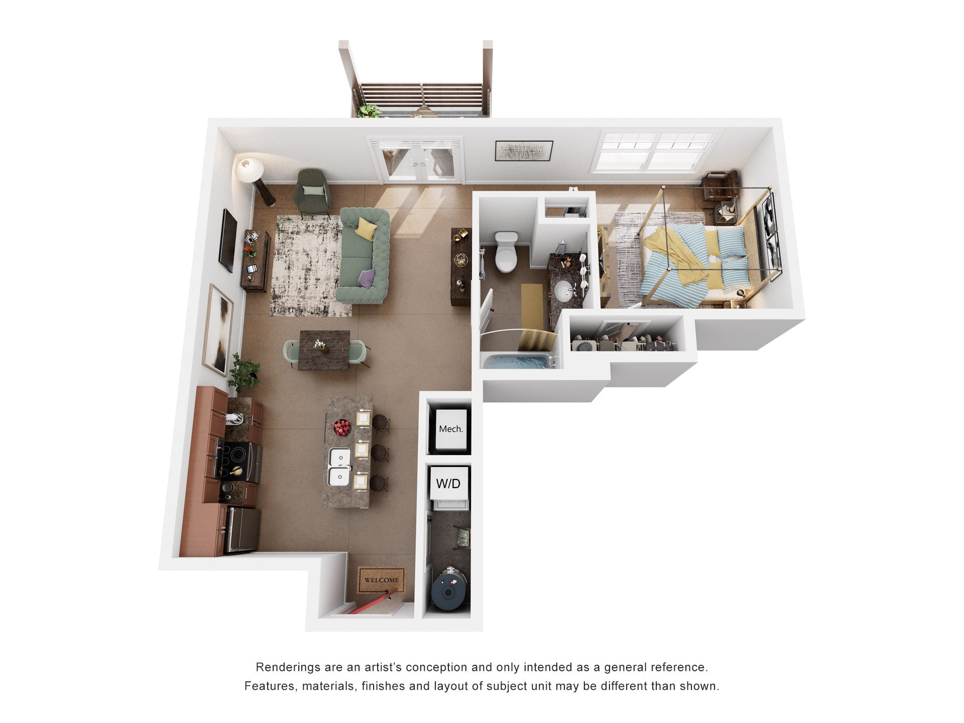 Floor plan for studio, 1 bath, 767 sqft